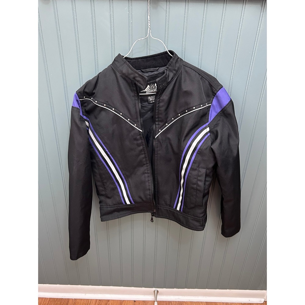 USA Biker Design Black Motorcycle Jacket Purple Stripes Studded Womens Size‎ L